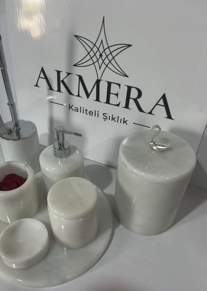 AKMERA HOME 7 Parça Mermer Banyo Seti | Ultra Lüks %100 Gerçek Afyon Beyazı Mermer