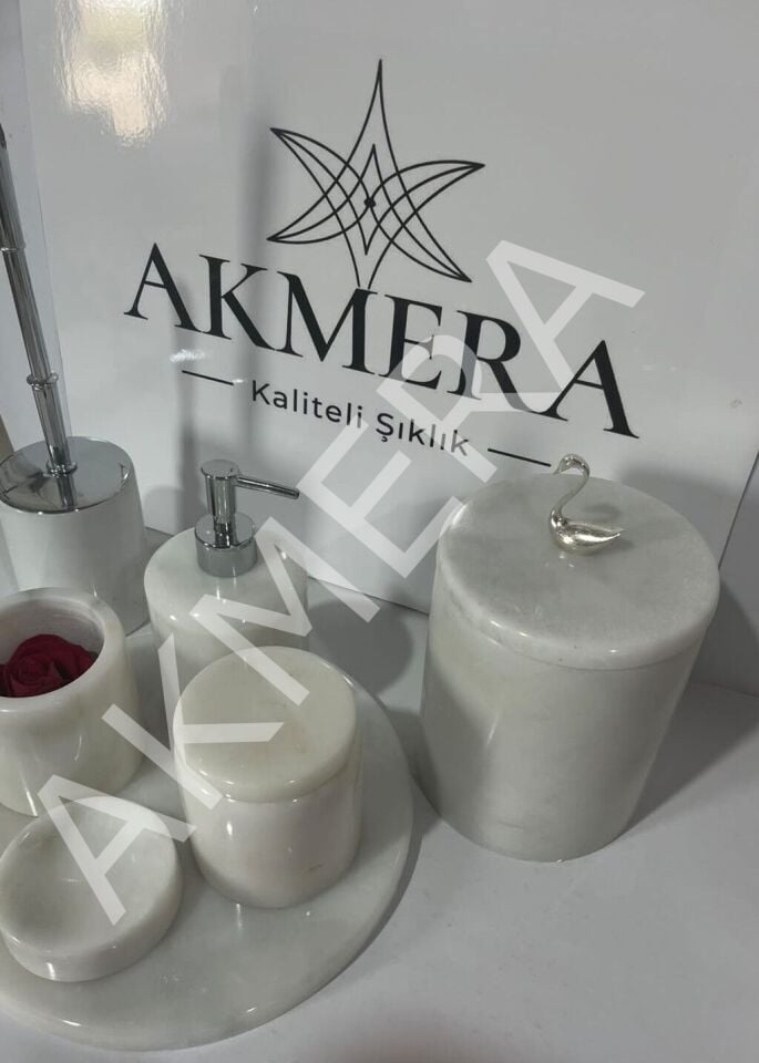 AKMERA HOME 7 Parça Mermer Banyo Seti | Ultra Lüks %100 Gerçek Afyon Beyazı Mermer