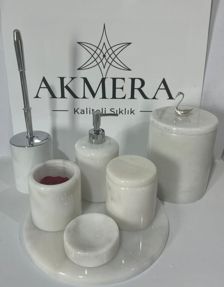 AKMERA HOME 7 Parça Mermer Banyo Seti | Ultra Lüks %100 Gerçek Afyon Beyazı Mermer