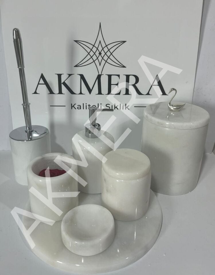 AKMERA HOME 7 Parça Mermer Banyo Seti | Ultra Lüks %100 Gerçek Afyon Beyazı Mermer