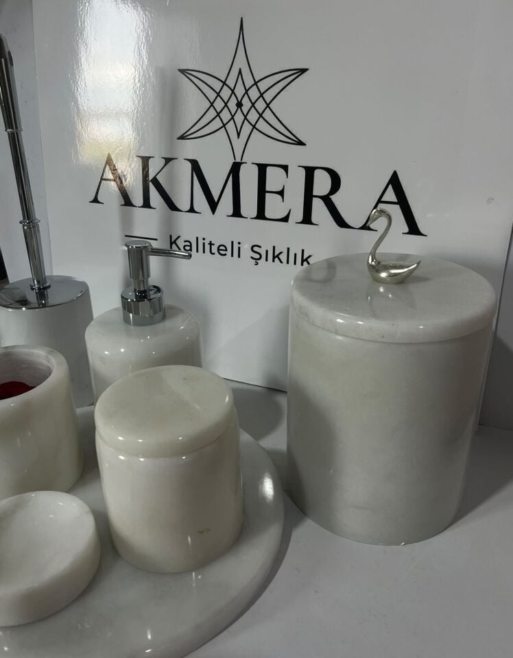 AKMERA HOME 7 Parça Mermer Banyo Seti | Ultra Lüks %100 Gerçek Afyon Beyazı Mermer