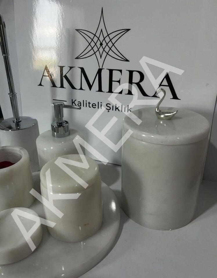 AKMERA HOME 7 Parça Mermer Banyo Seti | Ultra Lüks %100 Gerçek Afyon Beyazı Mermer