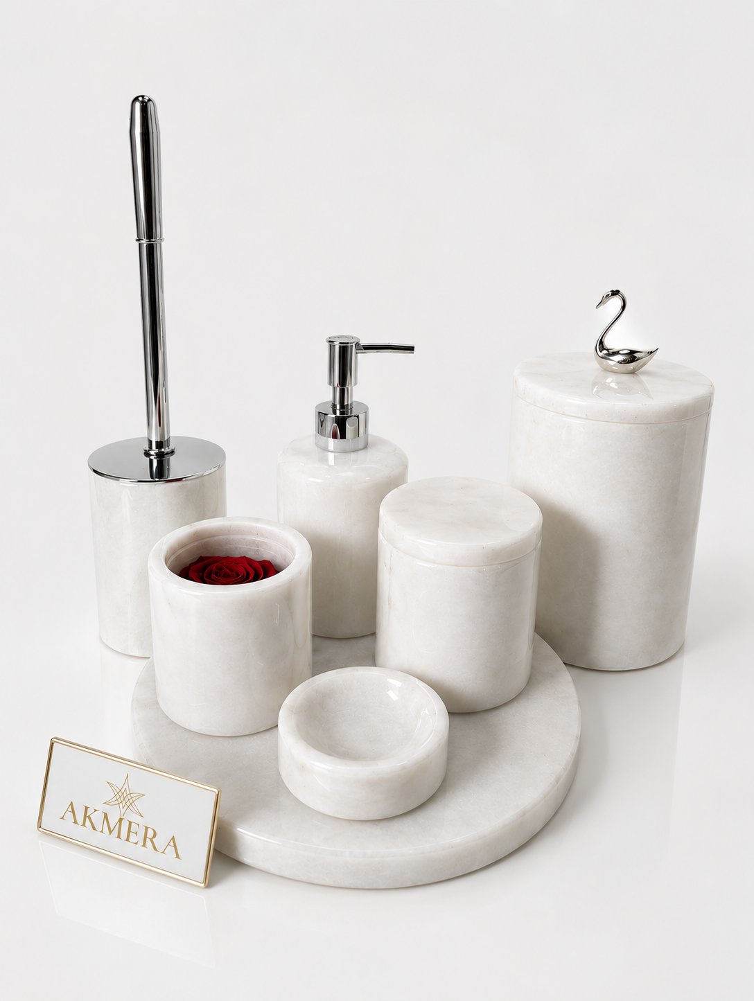 AKMERA HOME 7 Parça Mermer Banyo Seti | Ultra Lüks %100 Gerçek Afyon Beyazı Mermer