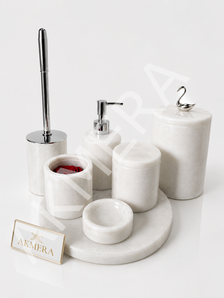 AKMERA HOME 7 Parça Mermer Banyo Seti | Ultra Lüks %100 Gerçek Afyon Beyazı Mermer