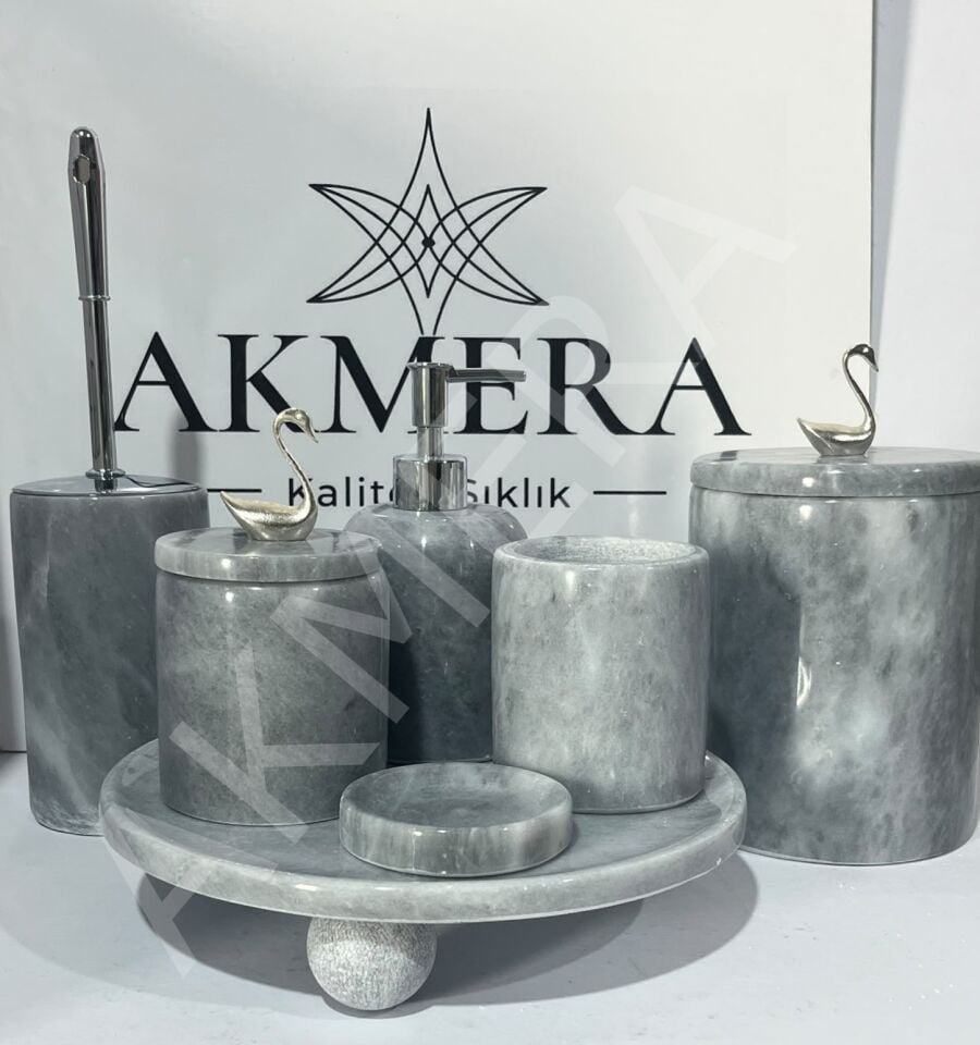 Gri Mermer Top Ayaklı  7 Parça Lüks Banyo Seti
