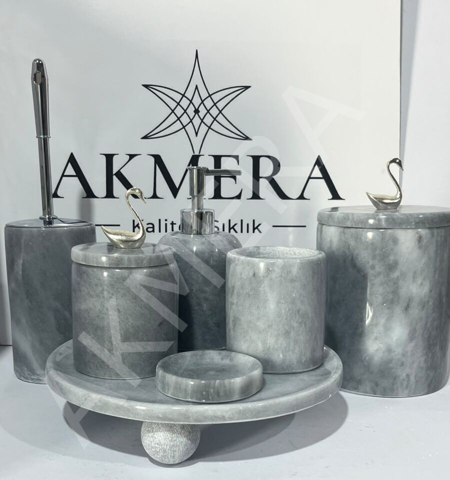 Gri Mermer Top Ayaklı  7 Parça Lüks Banyo Seti