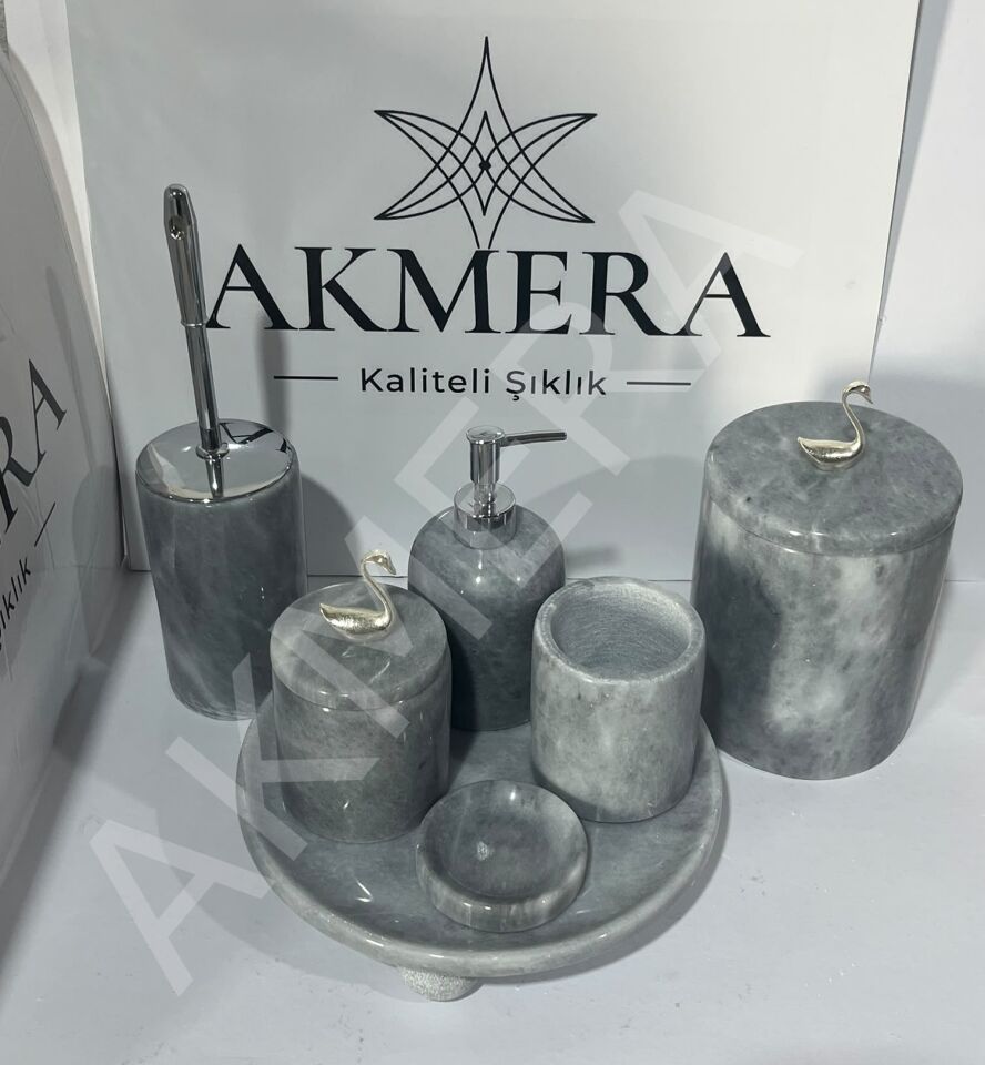Gri Mermer Top Ayaklı  7 Parça Lüks Banyo Seti