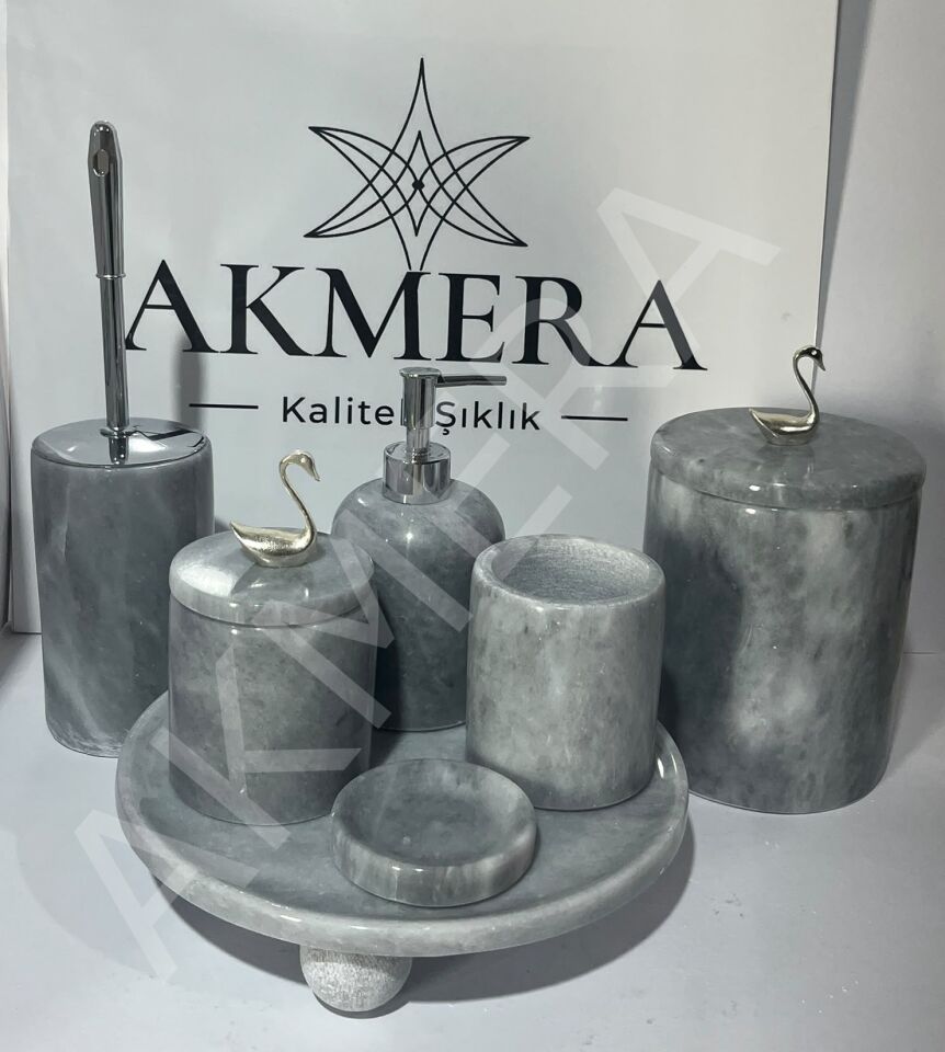 Gri Mermer Top Ayaklı  7 Parça Lüks Banyo Seti