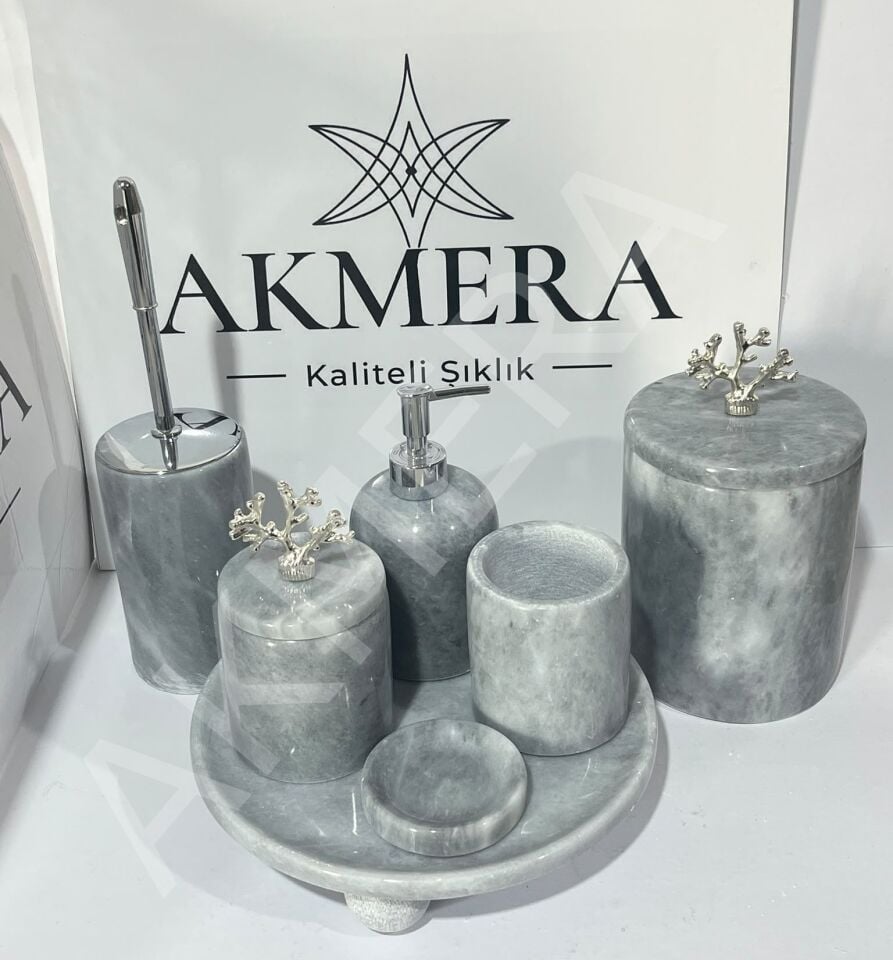 Gri Mermer Top Ayaklı 7 Parça Lüks Banyo Seti