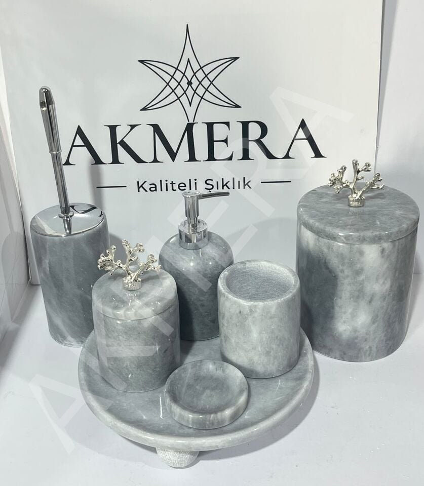 Gri Mermer Top Ayaklı 7 Parça Lüks Banyo Seti