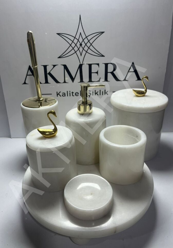 AKMERA 7 Parça Beyaz Doğal Mermer Banyo Seti | Altın Kuğu Detaylı Lüks Banyo Aksesuar Takımı