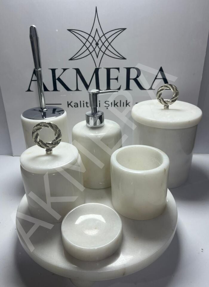 Halka Kulplu 7 Parça Ultra Lüks Mermer Banyo Seti