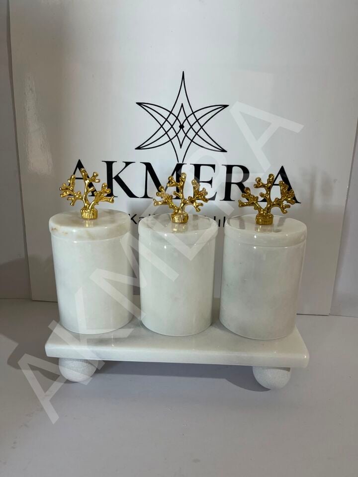 Lüks Doğal Mermer Baharatlık Seti 3'lü Mercan Kapaklı | AKMERA HOME