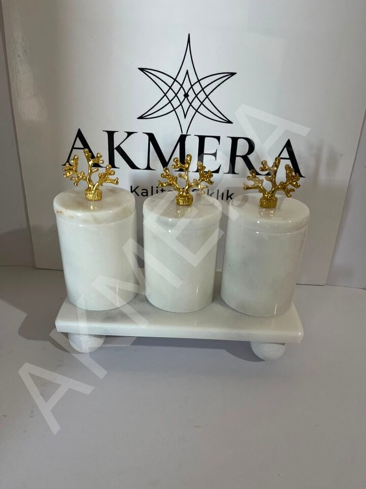 Lüks Doğal Mermer Baharatlık Seti 3'lü Mercan Kapaklı | AKMERA HOME