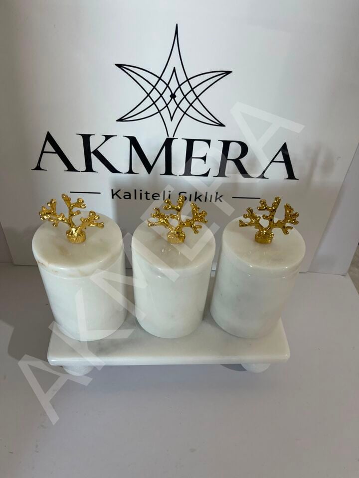 Lüks Doğal Mermer Baharatlık Seti 3'lü Mercan Kapaklı | AKMERA HOME