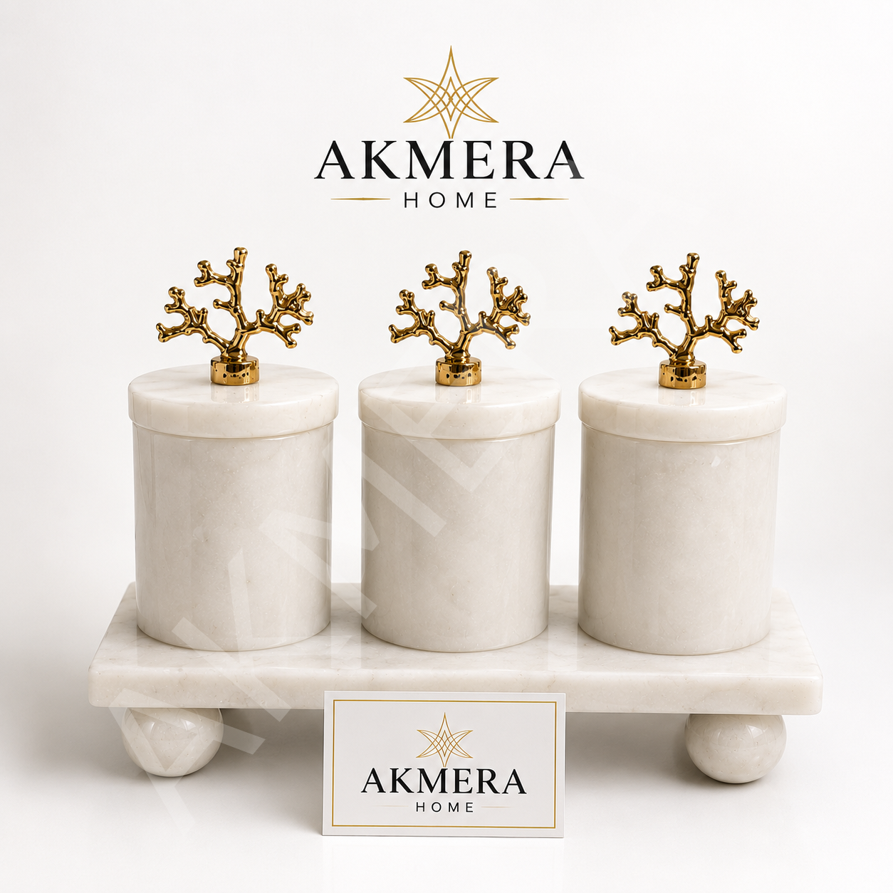 Lüks Doğal Mermer Baharatlık Seti 3'lü Mercan Kapaklı | AKMERA HOME