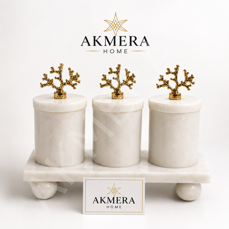 Lüks Doğal Mermer Baharatlık Seti 3'lü Mercan Kapaklı | AKMERA HOME