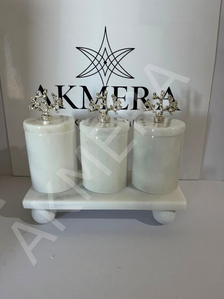 AKMERA HOME Doğal Mermer Baharatlık Seti – Mercan Kapaklı 3'lü Kavanoz
