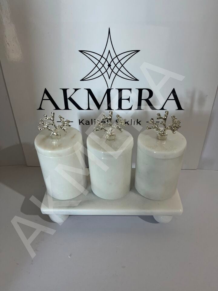 AKMERA HOME Doğal Mermer Baharatlık Seti – Mercan Kapaklı 3'lü Kavanoz