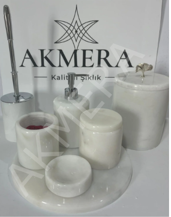 Akmera Elite 7 Parça %100 Gerçek Mermer Yaprak Kulp Banyo Seti