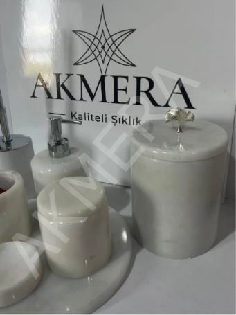 Akmera Elite 7 Parça %100 Gerçek Mermer Yaprak Kulp Banyo Seti