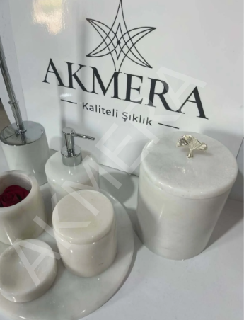 Akmera Elite 7 Parça %100 Gerçek Mermer Yaprak Kulp Banyo Seti