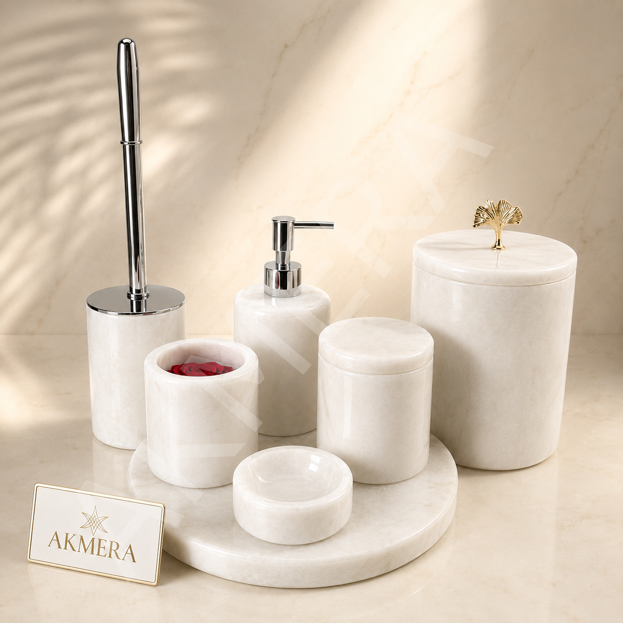 Akmera Elite 7 Parça %100 Gerçek Mermer Yaprak Kulp Banyo Seti