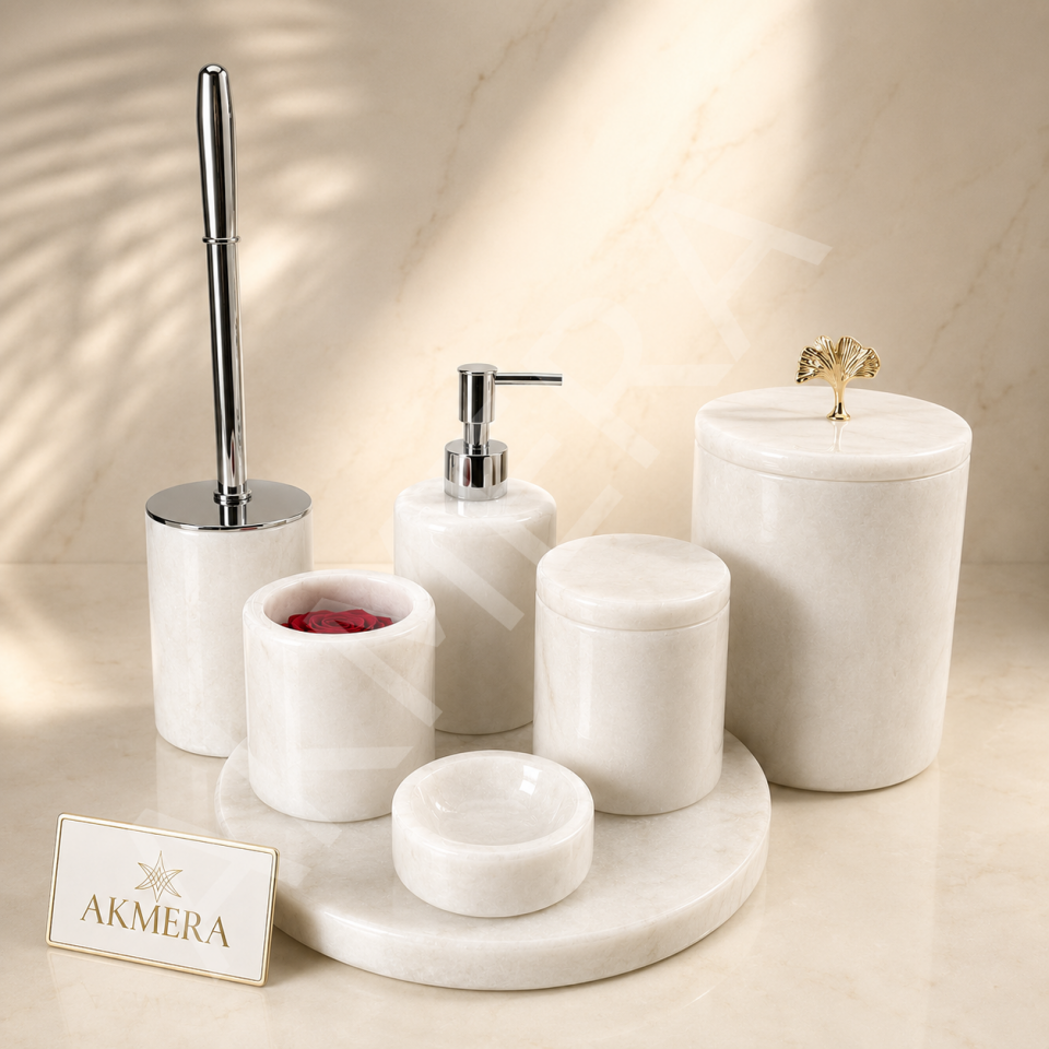 Akmera Elite 7 Parça %100 Gerçek Mermer Yaprak Kulp Banyo Seti