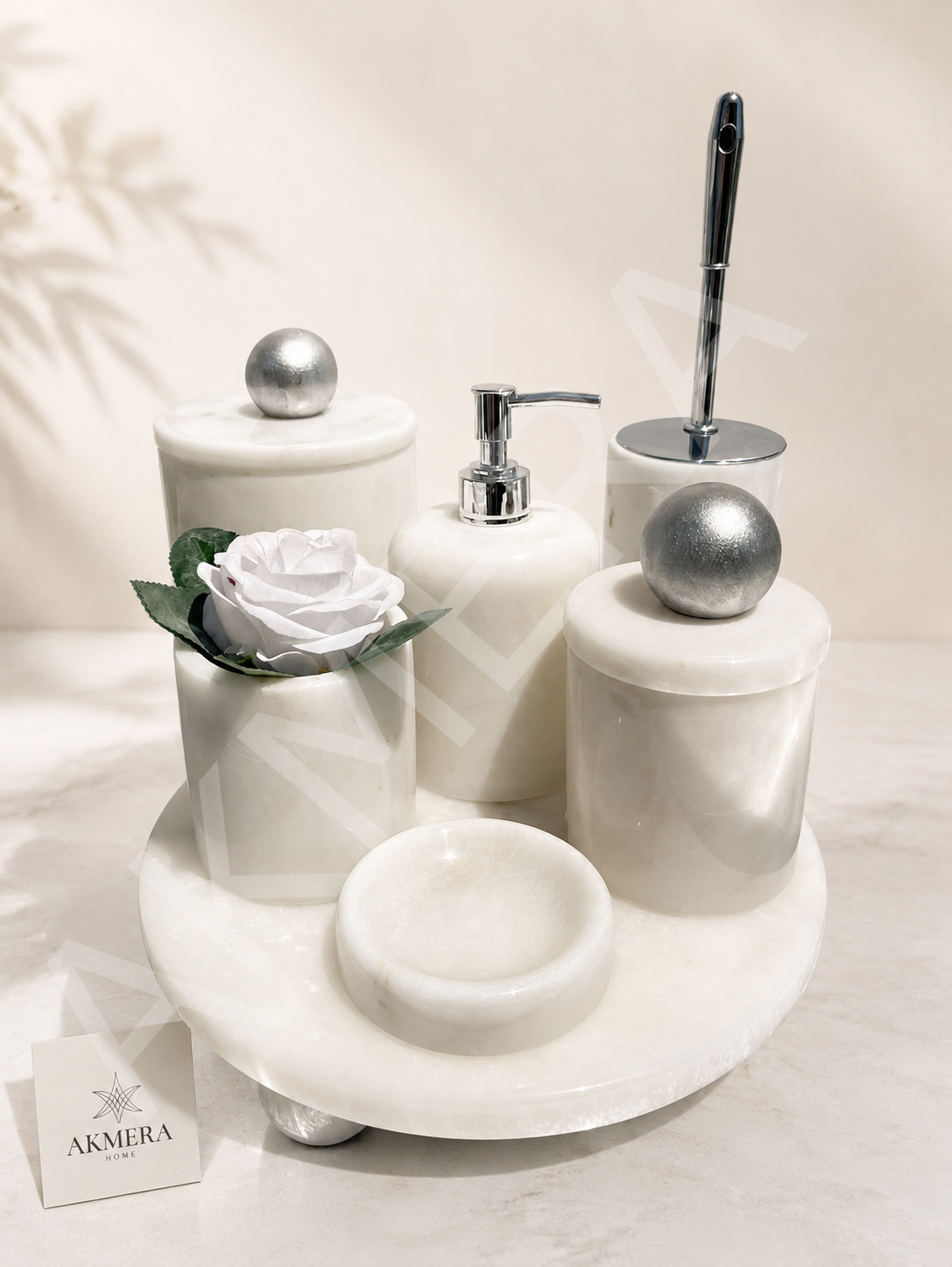 Mermer Top Kulplu %100 Gerçek Mermer 7 Parça Lüks Banyo Seti