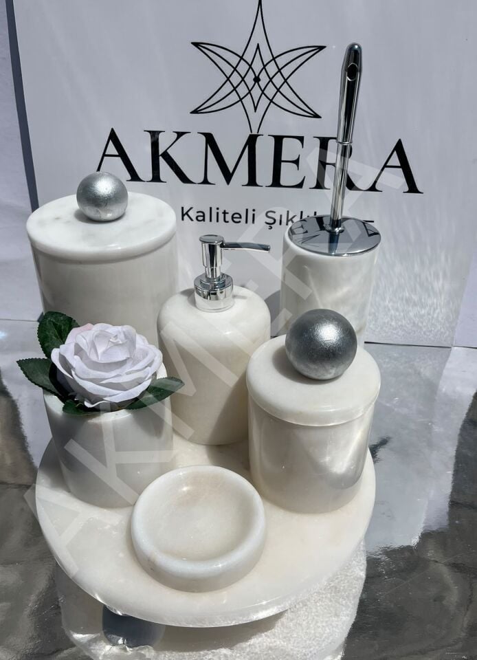 Mermer Top Kulplu %100 Gerçek Mermer 7 Parça Lüks Banyo Seti