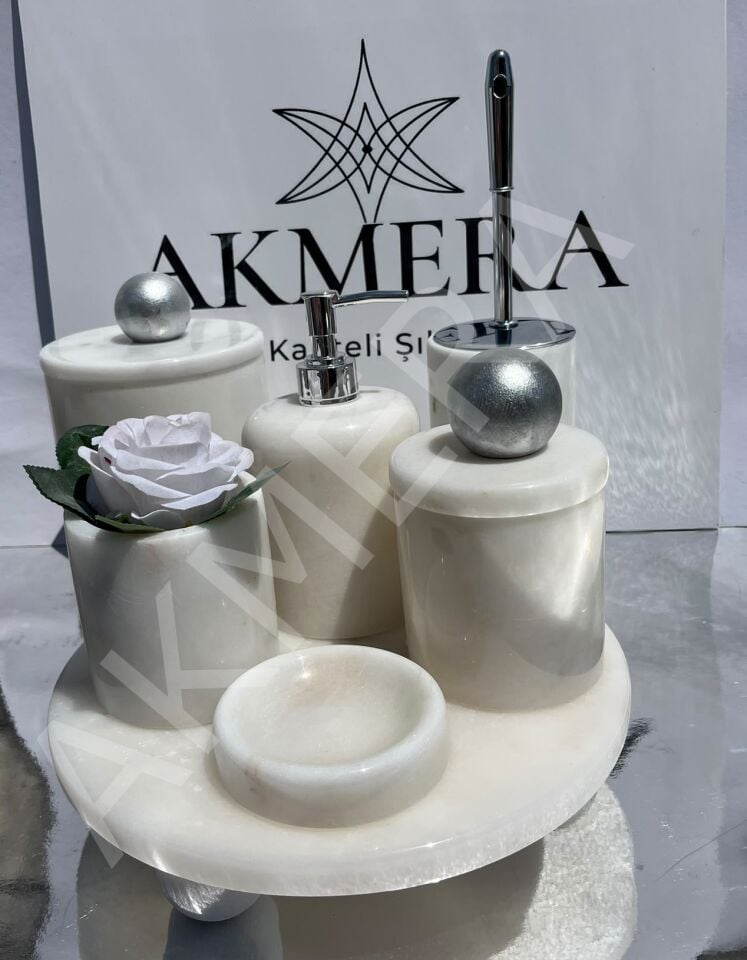 Mermer Top Kulplu %100 Gerçek Mermer 7 Parça Lüks Banyo Seti