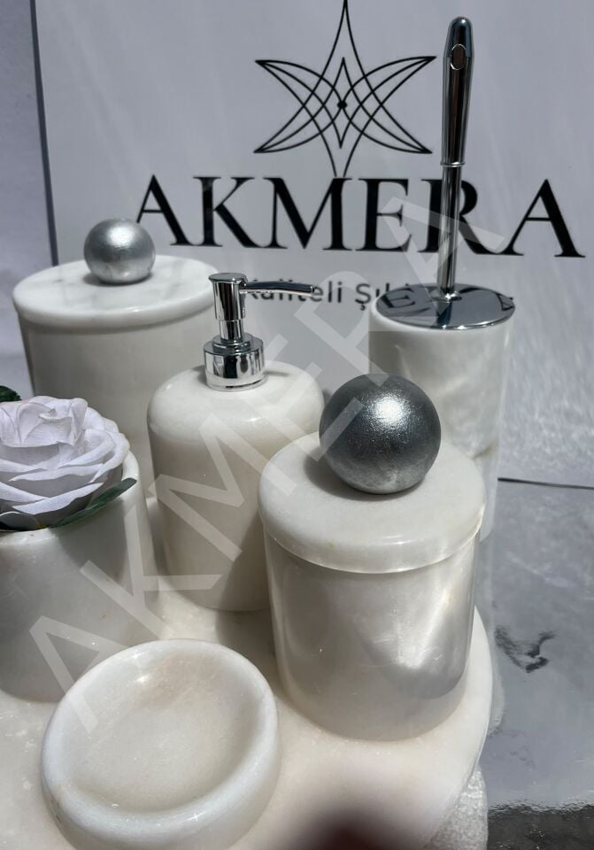 Mermer Top Kulplu %100 Gerçek Mermer 7 Parça Lüks Banyo Seti