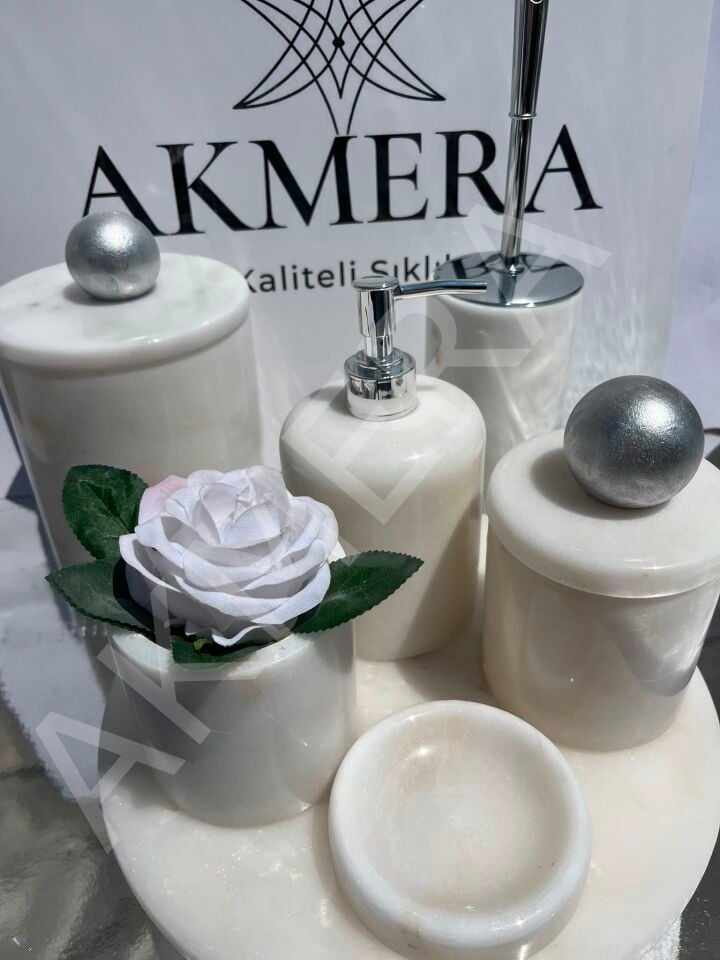Mermer Top Kulplu %100 Gerçek Mermer 7 Parça Lüks Banyo Seti