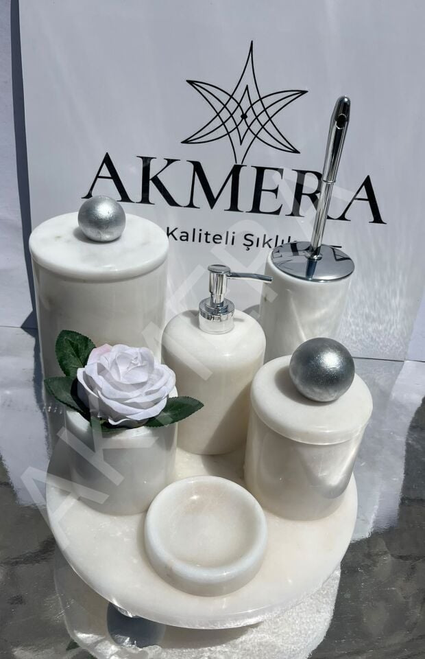 Mermer Top Kulplu %100 Gerçek Mermer 7 Parça Lüks Banyo Seti