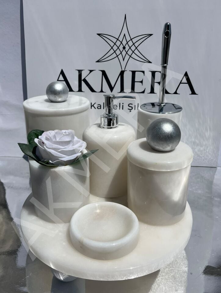 Mermer Top Kulplu %100 Gerçek Mermer 7 Parça Lüks Banyo Seti