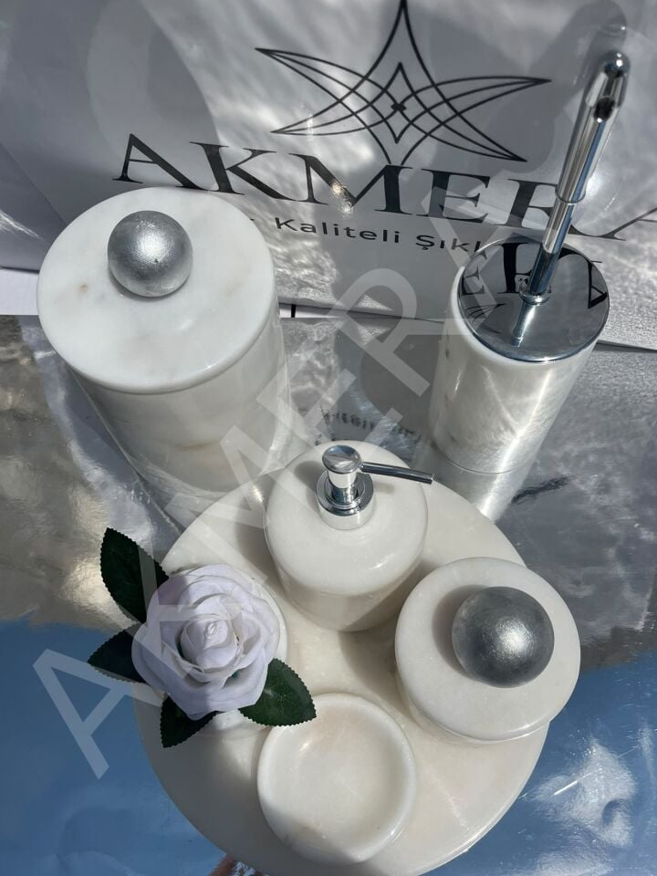 Mermer Top Kulplu %100 Gerçek Mermer 7 Parça Lüks Banyo Seti