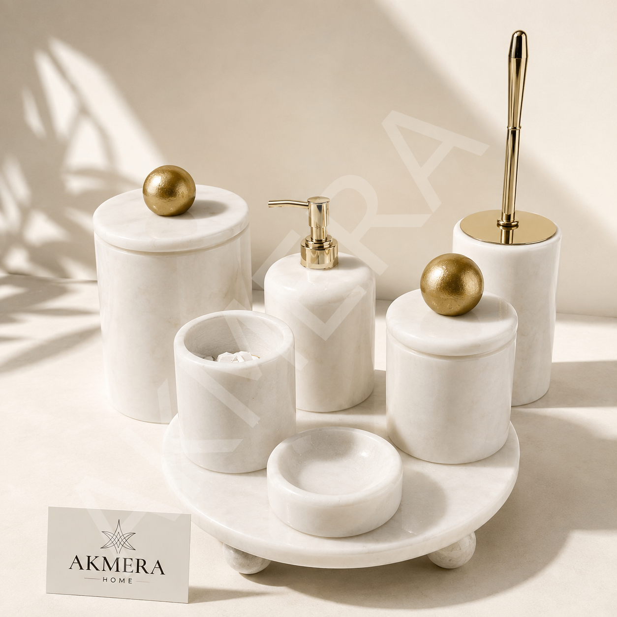 Mermer Top Kulplu GOLD %100 Gerçek Mermer 7 Parça Lüks Banyo Seti