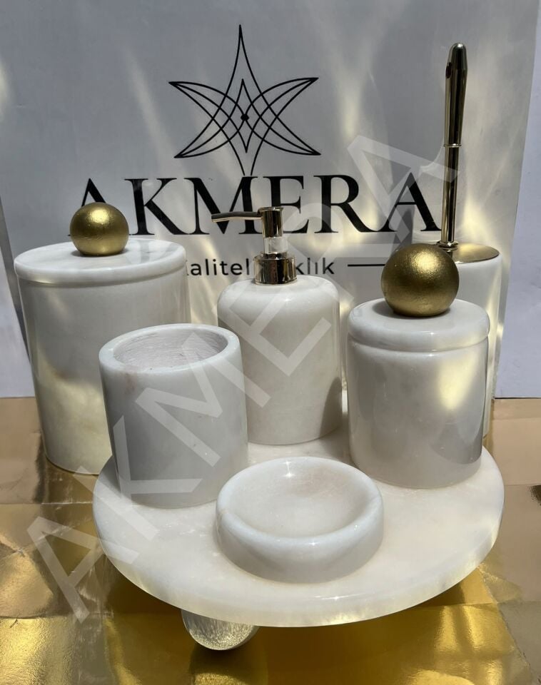 Mermer Top Kulplu GOLD %100 Gerçek Mermer 7 Parça Lüks Banyo Seti