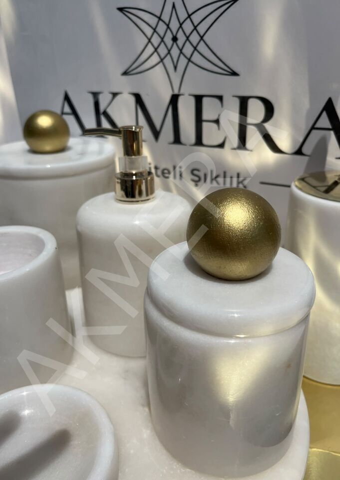 Mermer Top Kulplu GOLD %100 Gerçek Mermer 7 Parça Lüks Banyo Seti