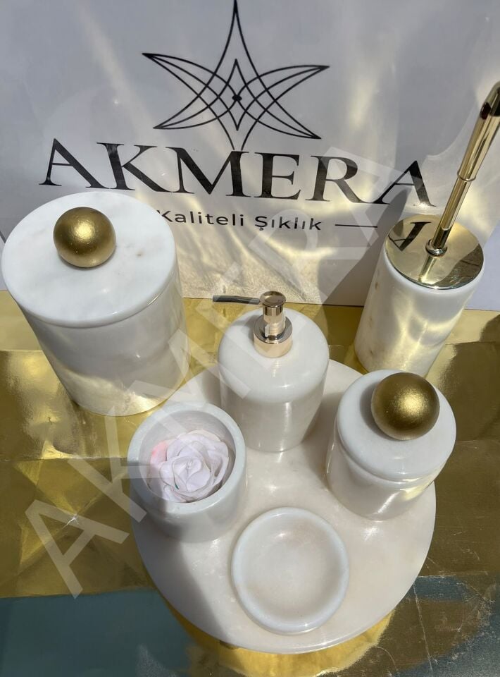 Mermer Top Kulplu GOLD %100 Gerçek Mermer 7 Parça Lüks Banyo Seti