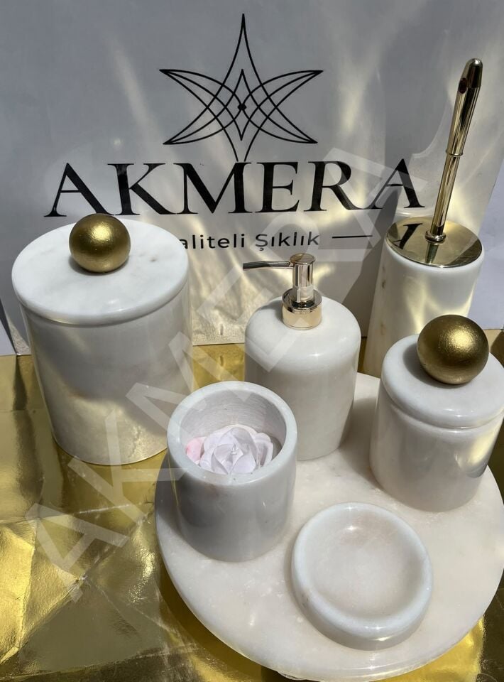 Mermer Top Kulplu GOLD %100 Gerçek Mermer 7 Parça Lüks Banyo Seti