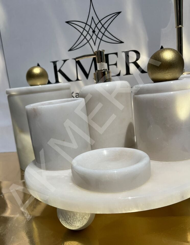 Mermer Top Kulplu GOLD %100 Gerçek Mermer 7 Parça Lüks Banyo Seti