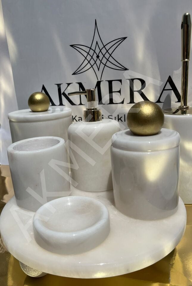 Mermer Top Kulplu GOLD %100 Gerçek Mermer 7 Parça Lüks Banyo Seti