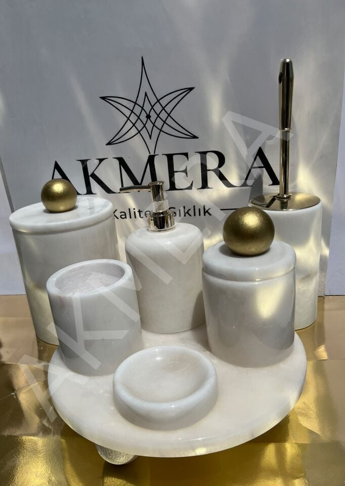 Mermer Top Kulplu GOLD %100 Gerçek Mermer 7 Parça Lüks Banyo Seti