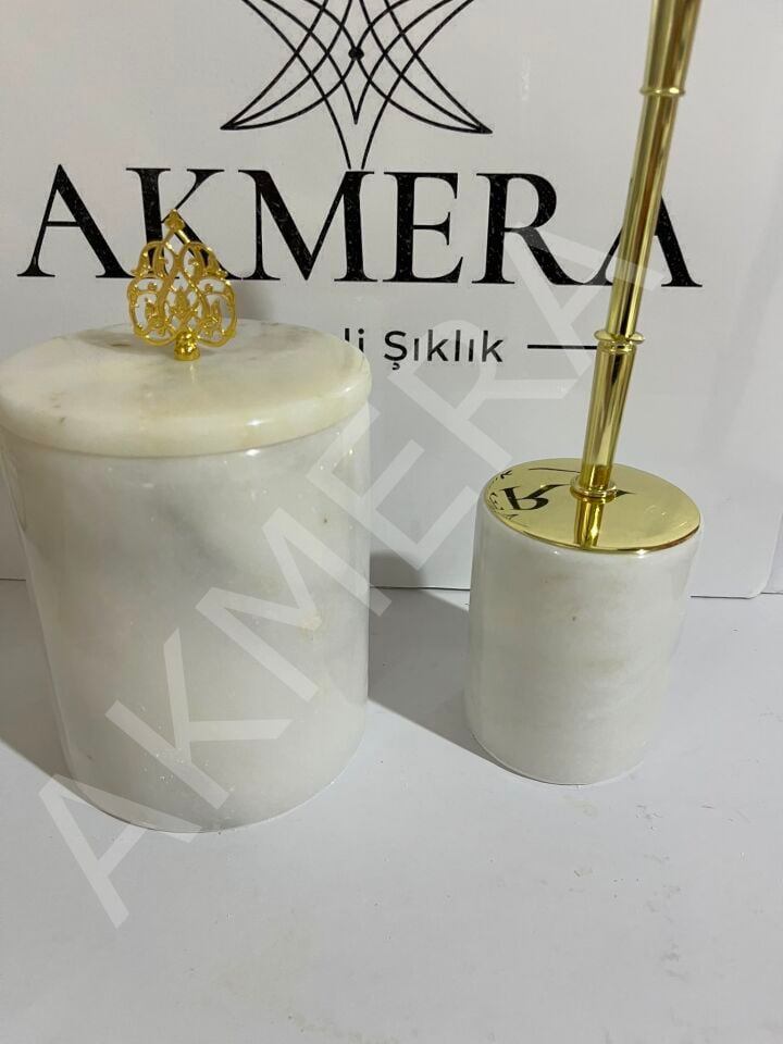 Akmera Home 2 Parça Gerçek Mermer Çöp kovası & Fırçalık Gold