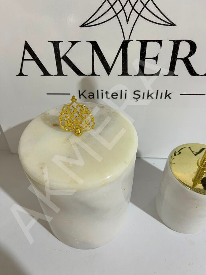 Akmera Home 2 Parça Gerçek Mermer Çöp kovası & Fırçalık Gold