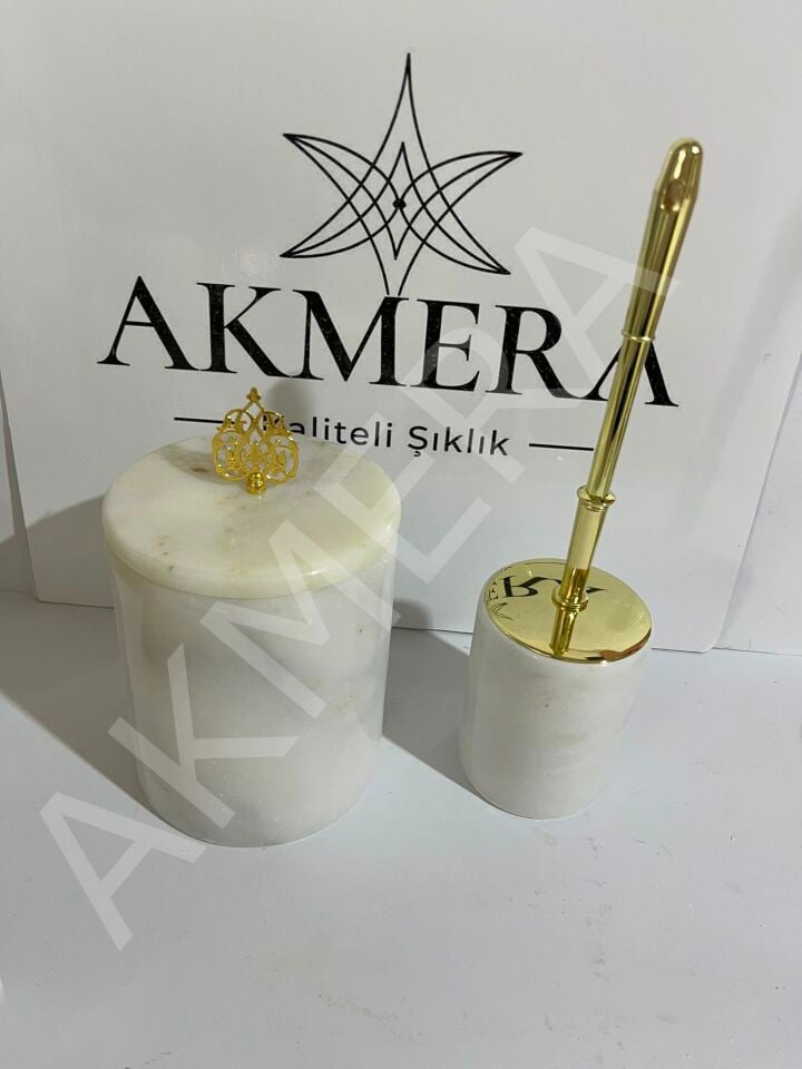 Akmera Home 2 Parça Gerçek Mermer Çöp kovası & Fırçalık Gold