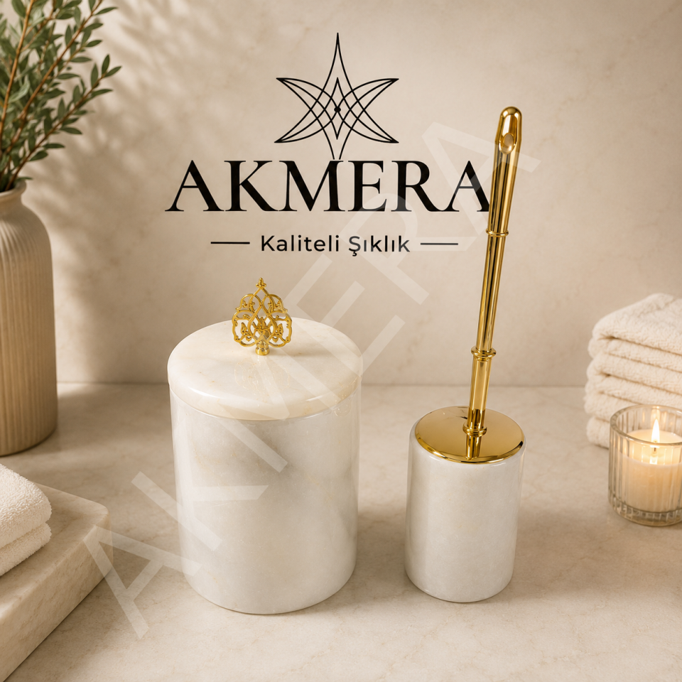 Akmera Home 2 Parça Gerçek Mermer Çöp kovası & Fırçalık Gold