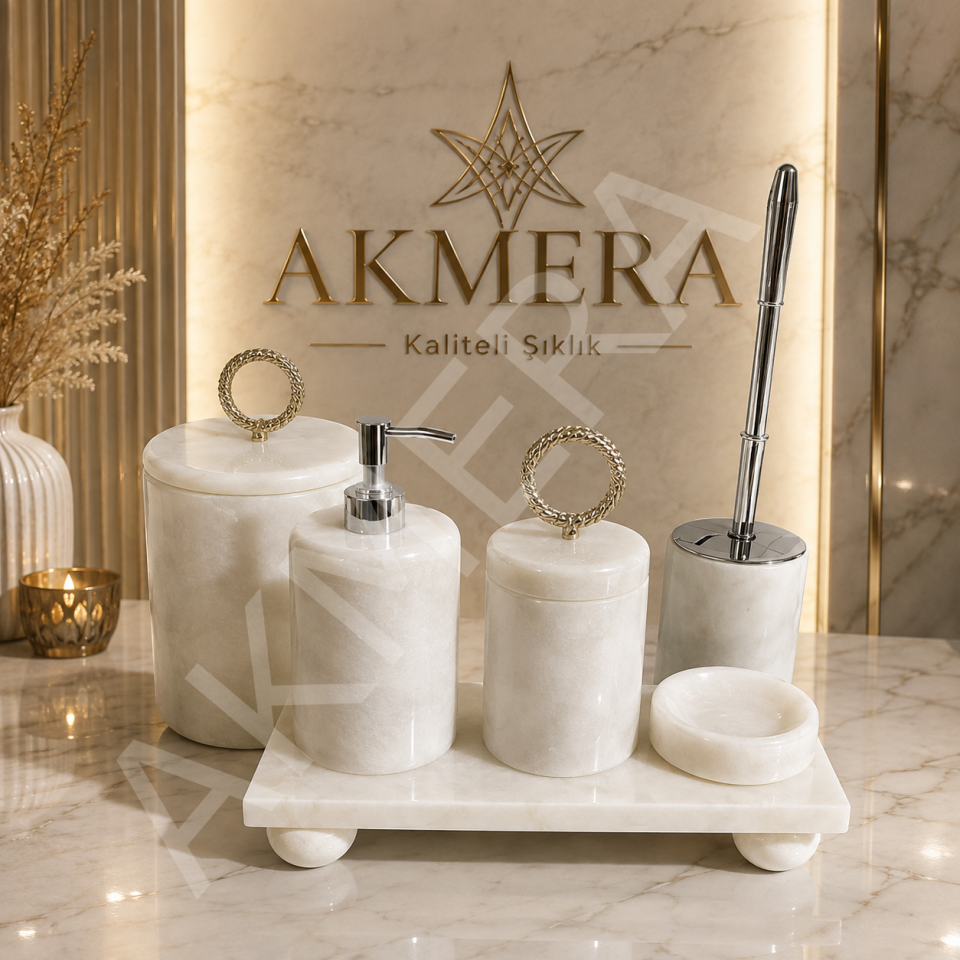 6 Parça Dikdörtgen Tepsi Gerçek Mermer Banyo Seti