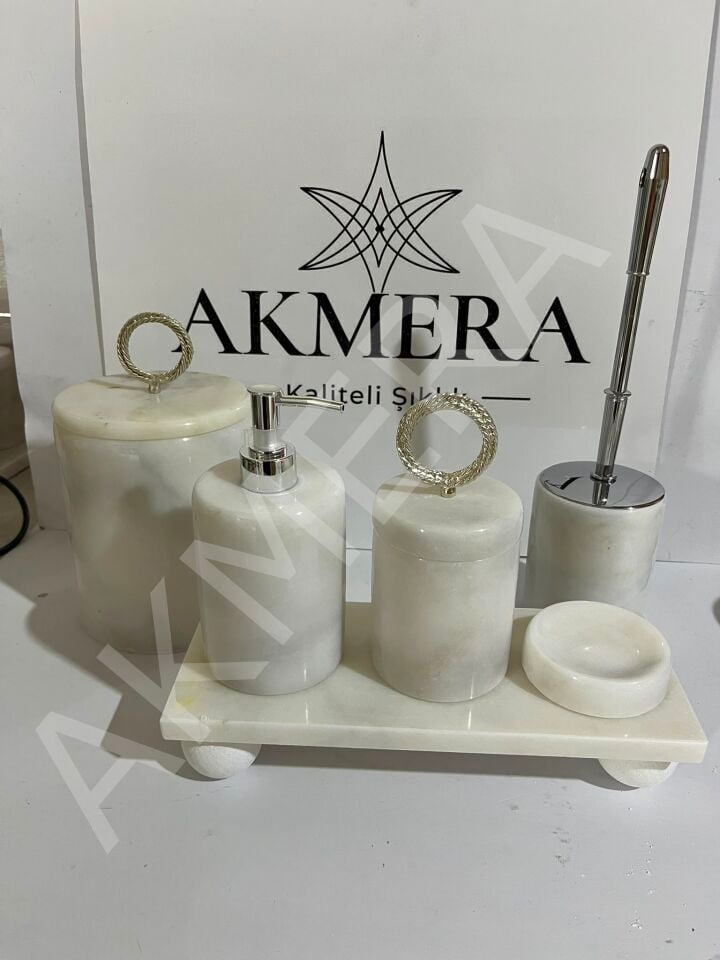 6 Parça Dikdörtgen Tepsi Gerçek Mermer Banyo Seti